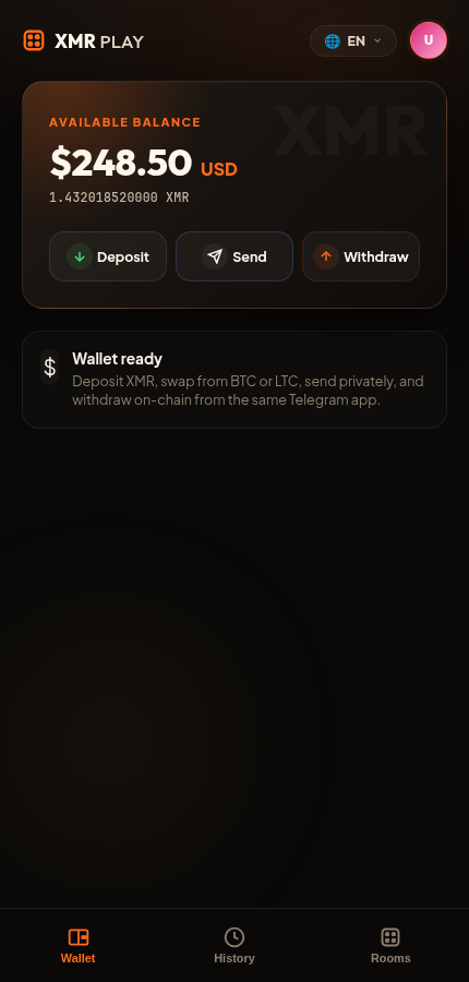 XMR Play wallet screen inside Telegram